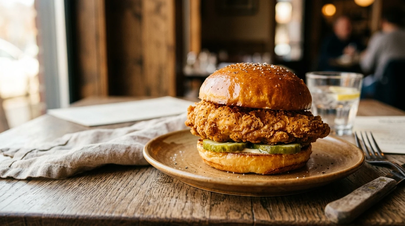 Classic golden-brown crispy chicken sandwich on toasted buttered brioche bun with dill pickle slices