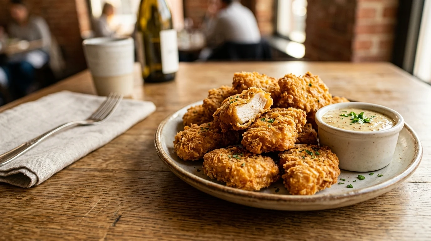 Golden crispy hand-breaded chicken nuggets served with honey mustard dipping sauce