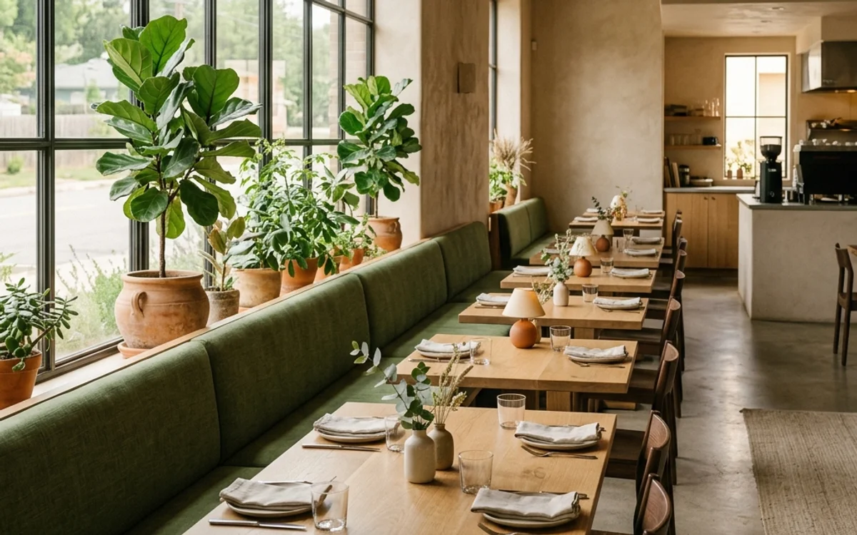 Quiet, warmly lit restaurant interior with empty wooden tables in natural Sunday sunlight