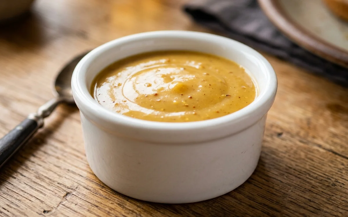 High-gloss golden emulsion of Chick-fil-A dipping sauce in porcelain ramekin