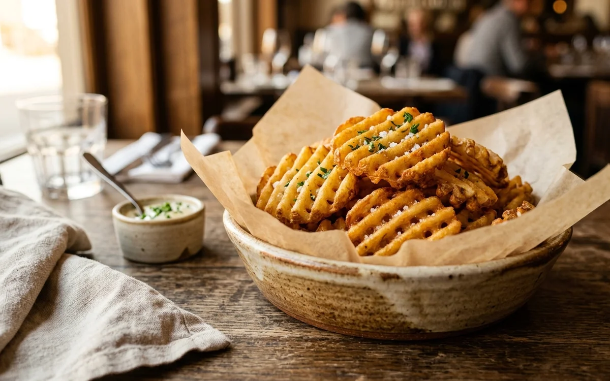Golden cross-cut waffle potato fries displaying delicate crisp lattice perimeter