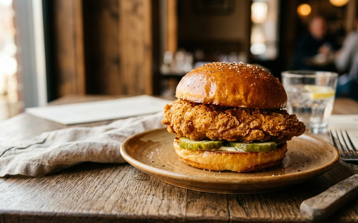 Macro view of golden hand-breaded chicken surface with delicate crisp texture