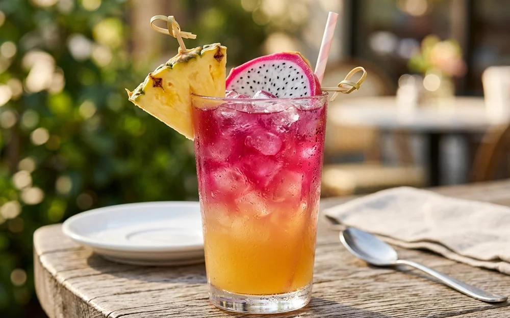 Chilled condensation glass of layered Sunjoy iced tea and freshly squeezed lemonade with fruit garnish