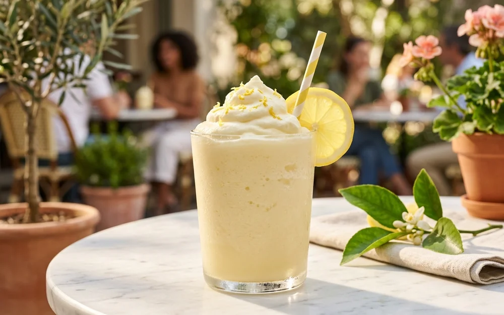 Creamy frosted lemonade in a chilled glass with a fresh lemon wheel on a bright afternoon table