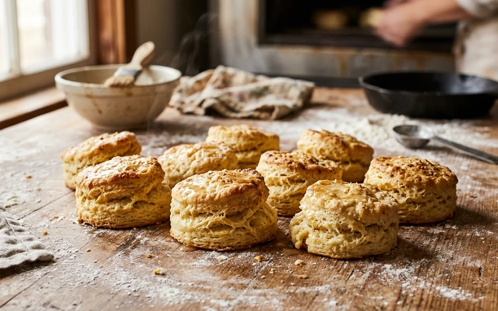 Freshly baked flaky golden buttermilk biscuits on a flour-dusted wood baker prep table with butter pats