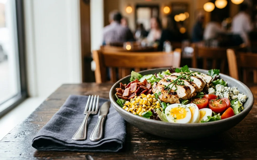 Freshly composed Cobb salad with sliced chicken breast, charred corn, egg, and bacon
