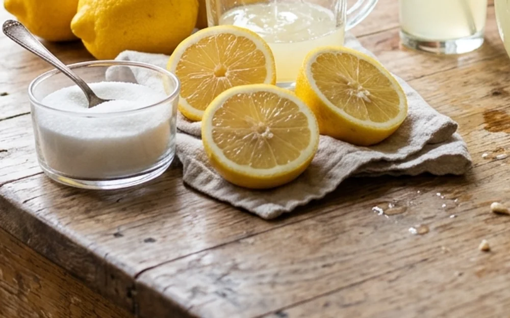 Juicy cut lemon halves with cane sugar dish and lemon seeds on wood prep board