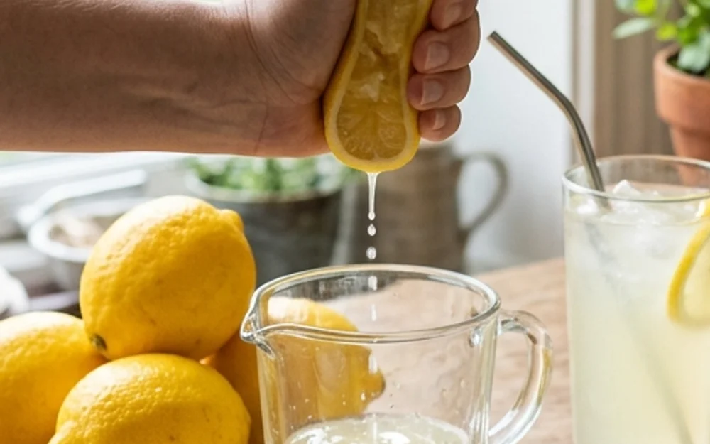 Macro shot of clear tart lemon juice splashing from fresh fruit with droplets and pulp