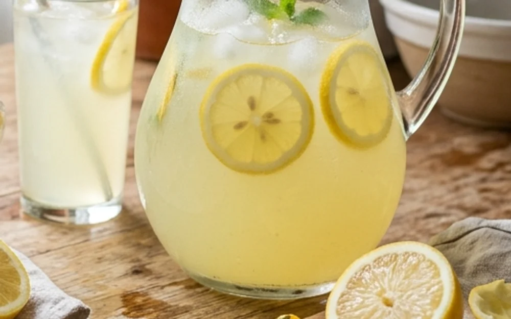 Chilled glass pitcher of pale yellow lemonade with ice cubes and lemon wheels in natural sunlight