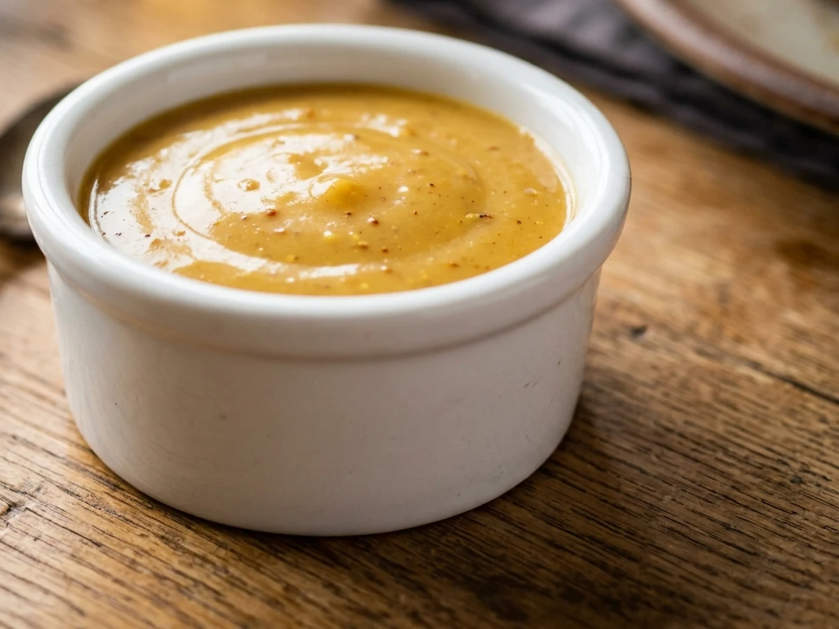 Angled shot of the ramekin showing the glossy viscosity of Chick-fil-A Sauce