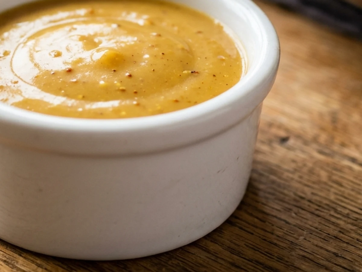 Macro of glossy golden sauce emulsion showing specks of paprika and mustard seed