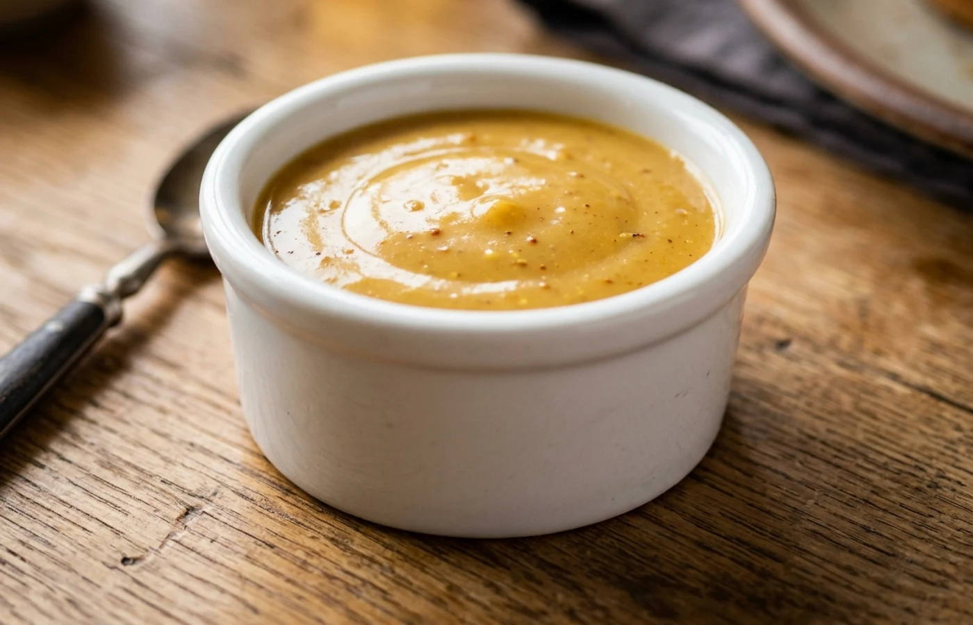 Table setting with sauce ramekin and vintage dipping spoon on warm oak
