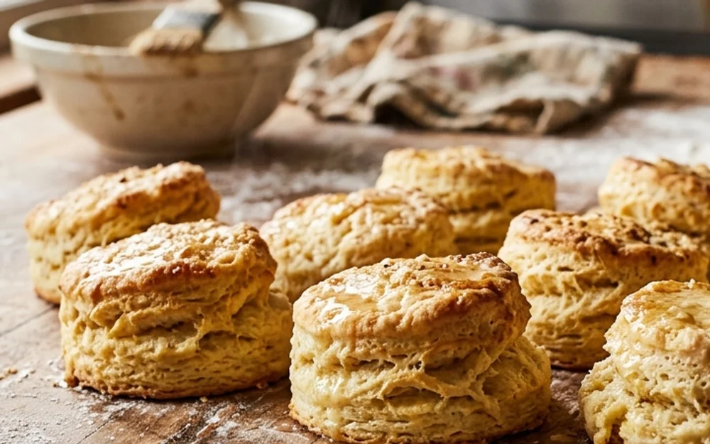 Towering profile view of golden brown biscuit crown brushed with melted butter