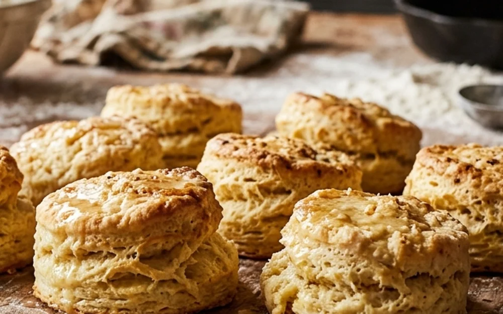 Macro shot of golden flaky layers peeling apart from a steaming buttermilk biscuit