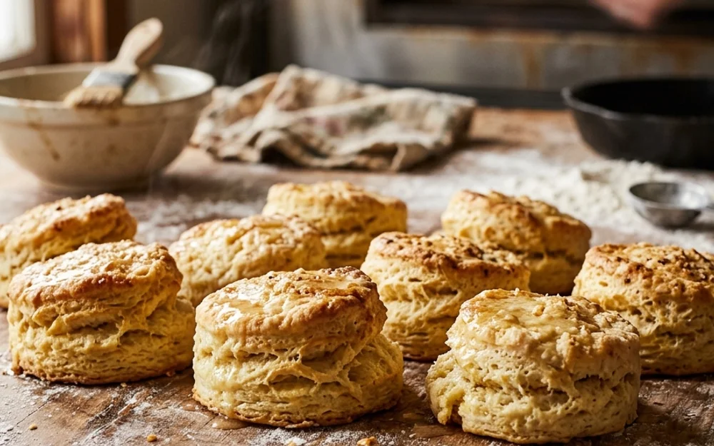 Wire cooling rack with warm golden biscuits on parchment paper in early morning light