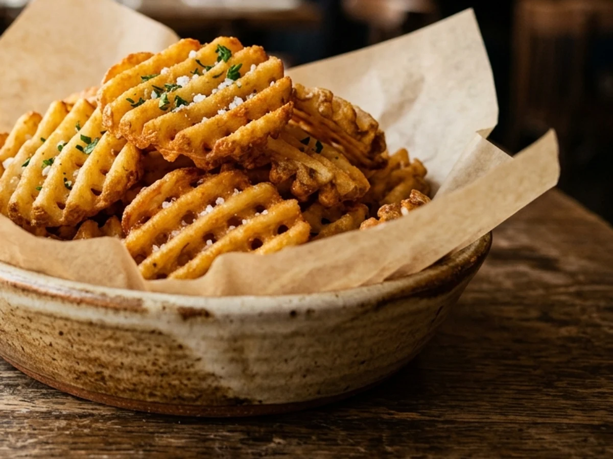 Elevated side profile of waffle fries showing texture and potato skin edges
