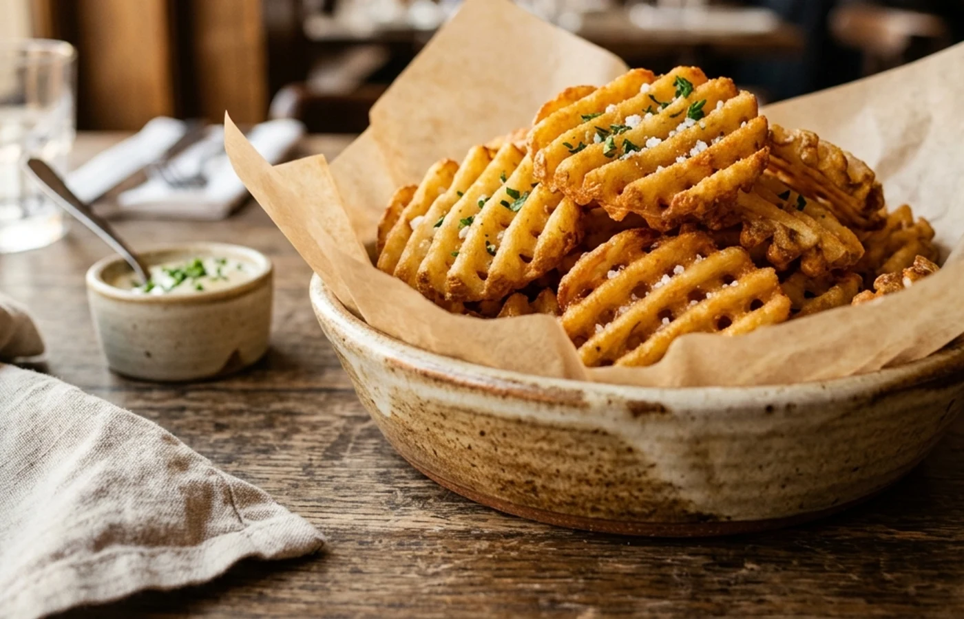 Warm bowl of waffle potato fries served on wooden table with linen napkin