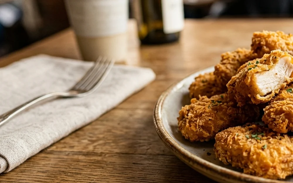 Angled profile of golden chicken nuggets alongside a porcelain ramekin of dipping sauce