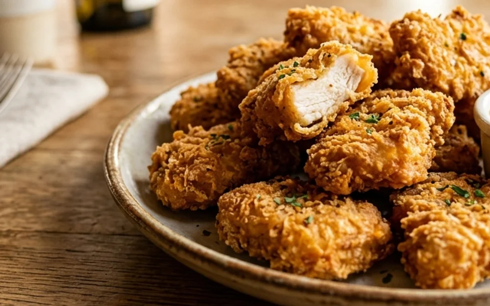 Close-up macro of a nugget broken open revealing juicy, fibrous whole white breast meat