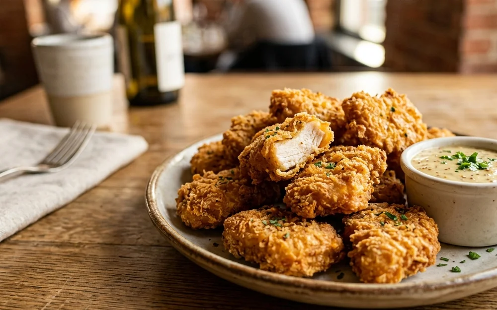Warm family dining table setting with a shared platter of chicken nuggets on natural oak