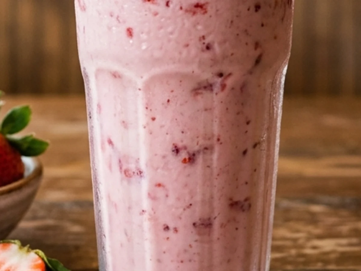 Close shot of the fluted glass showing real strawberry fruit speckling