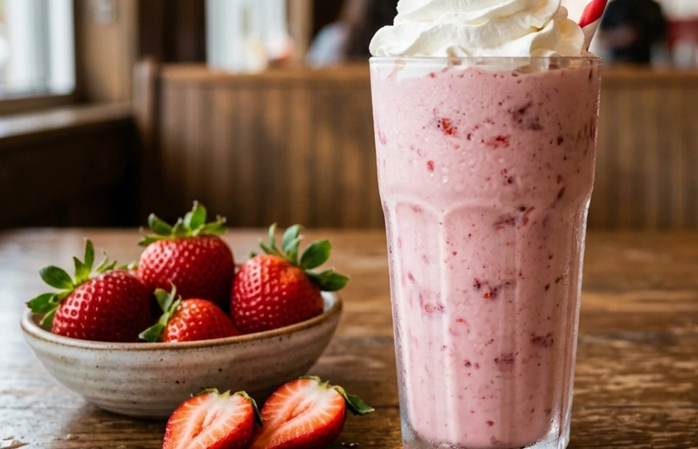 The strawberry milkshake presented on a weathered dining booth table with fresh strawberries