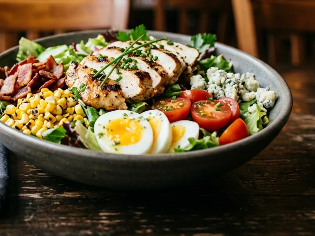 Side view of the deep ceramic bowl highlighting crisp mixed greens and blue cheese crumbles