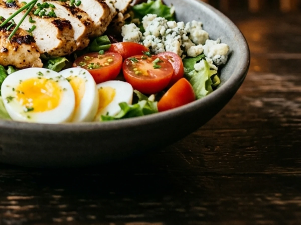 Macro shot of sliced hard-boiled egg with creamy yolk, roasted corn, and grilled chicken breast