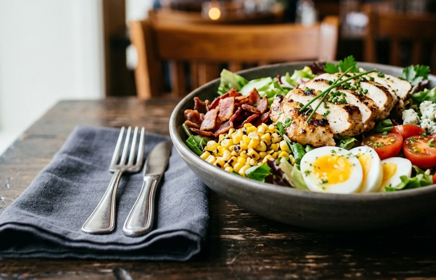 The Cobb Salad served with linen napkin and flatware on a rustic restaurant table