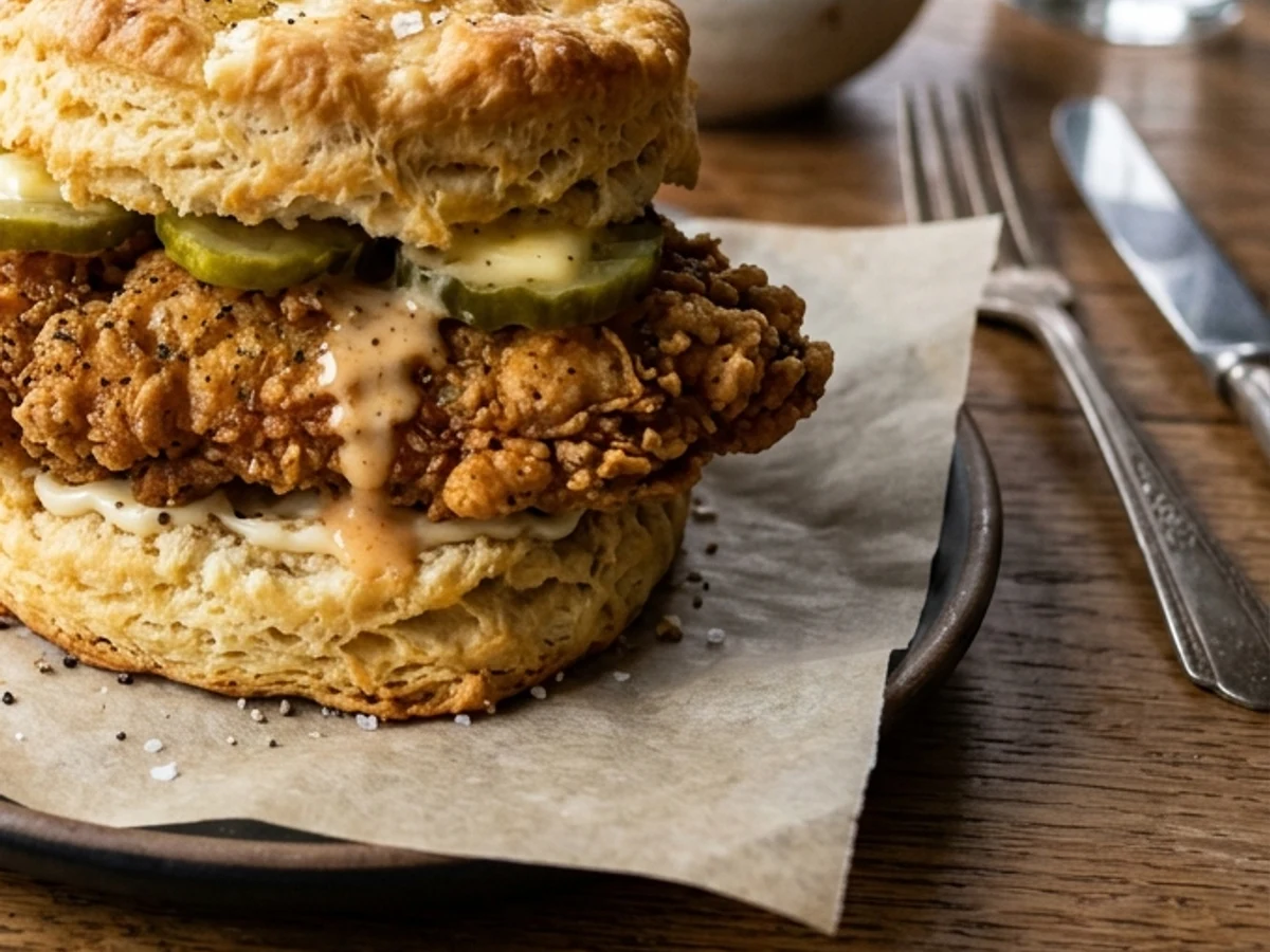 Side profile of the towering breakfast chicken biscuit