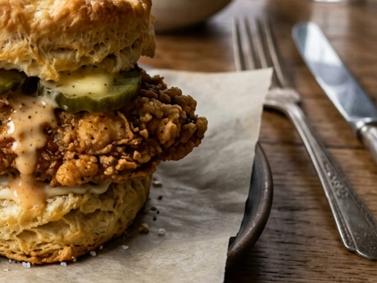 Close-up on flaky layered biscuit dough and golden chicken crust