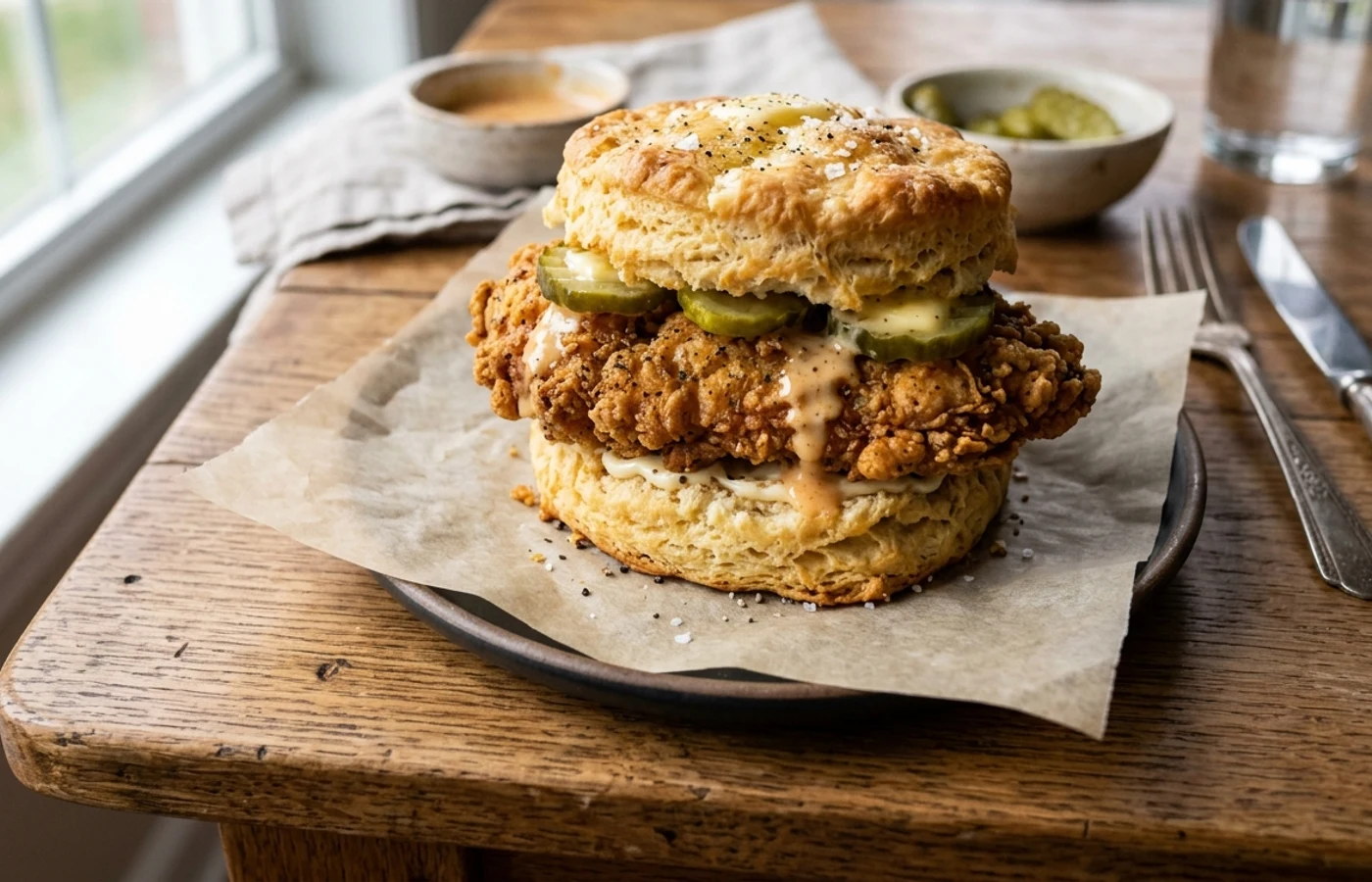 Breakfast table setting with chicken biscuit in soft morning window light