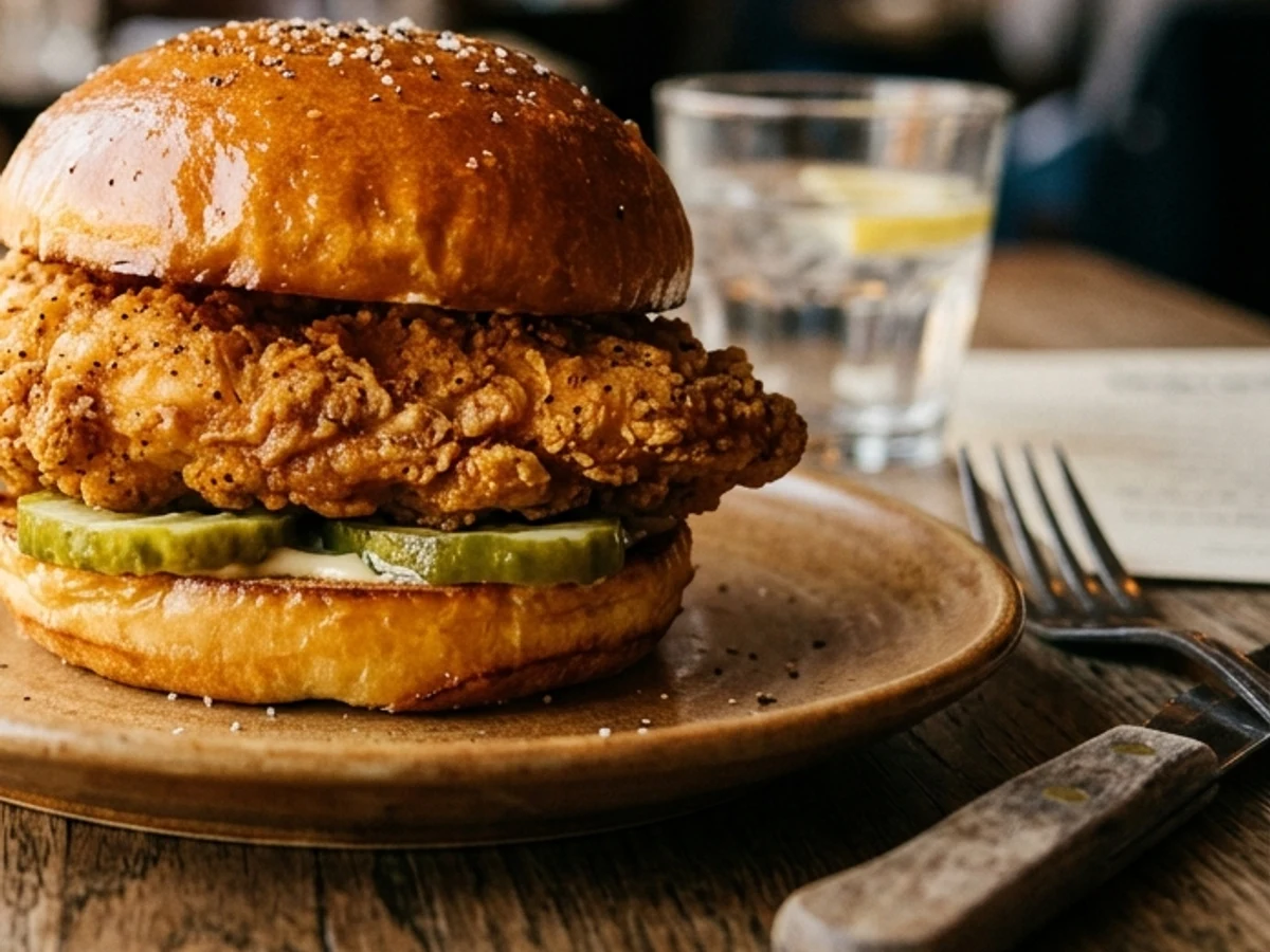 Three-quarter angle of the golden chicken sandwich on a buttered bun