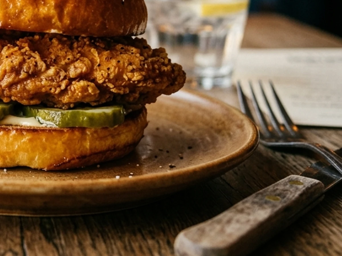 Macro shot of crisp seasoned chicken fillet and tart pickle slices