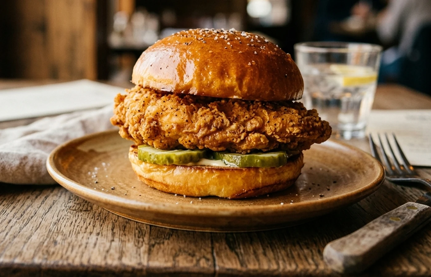 The chicken sandwich plated on ceramic with wooden dining table context