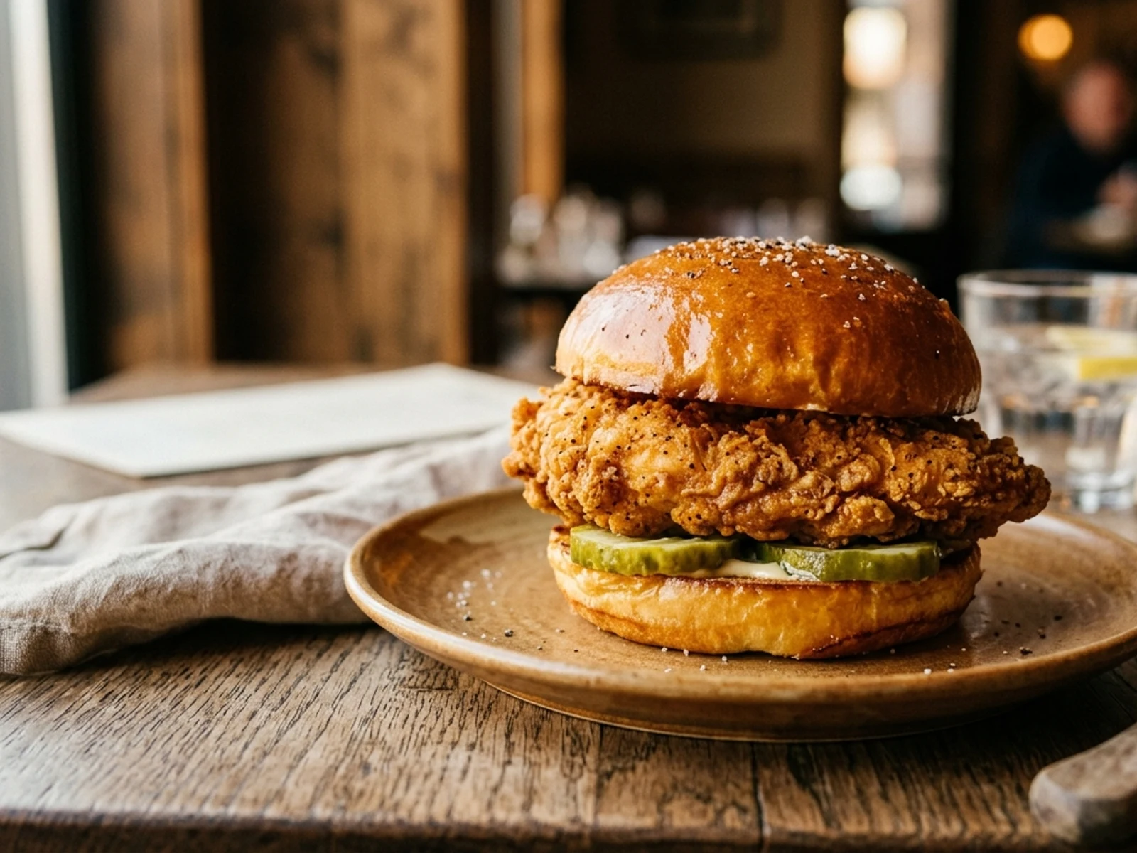 Signature hand-breaded chicken sandwich on a buttered bun for Entrées