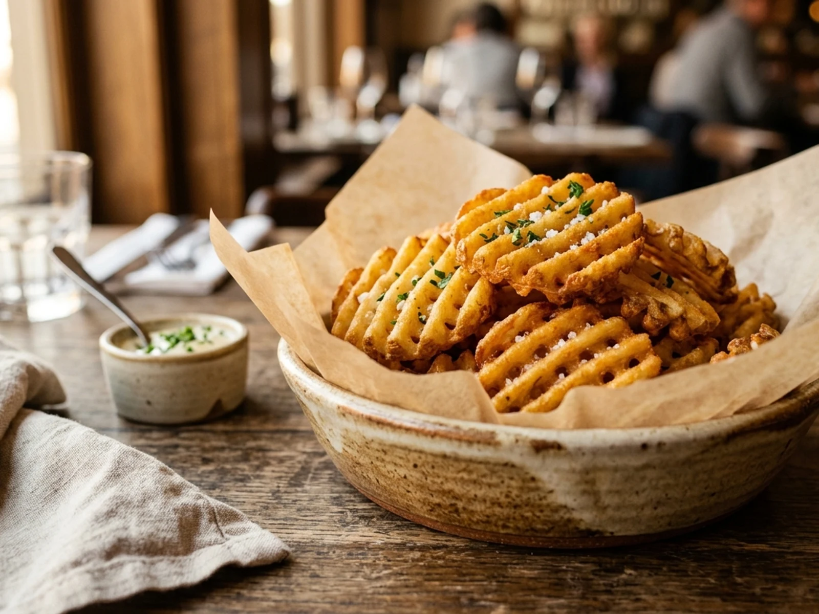 Crisp golden lattice-cut waffle potato fries for Sides