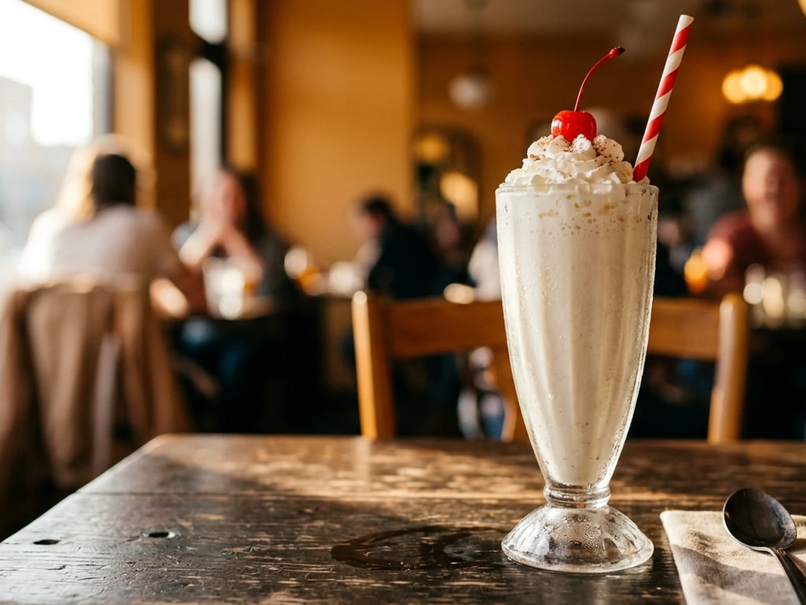 Hand-spun creamy vanilla milkshake with whipped cream and a cherry for Treats